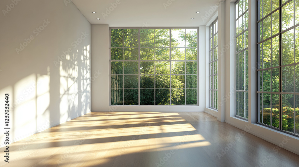 Fototapeta premium Abstract empty loft style concrete room with big windows and sunlight 3d architecture rendering illustration