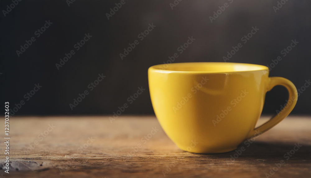 Yellow ceramic cup on wooden table backdrop. Mug for hot drink. Yellow ceramic cup on wooden table backdrop. Mug for hot drink.