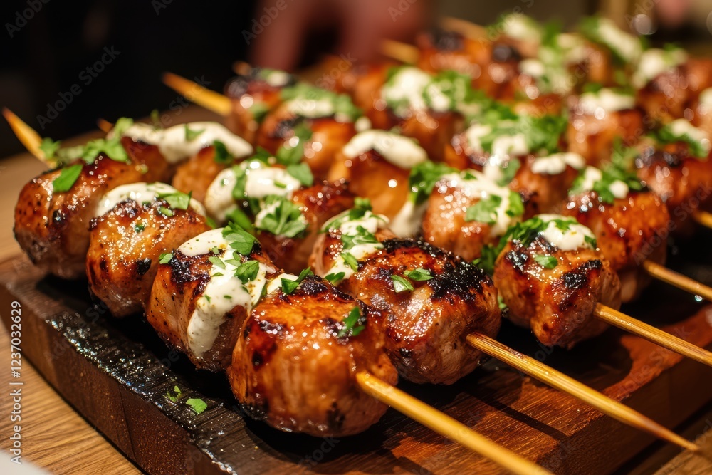 Close-up of delicious marinated chicken skewers on a wooden board, garnished with fresh herbs and a creamy sauce. Close-up of delicious marinated chicken skewers on a wooden board, garnished with fresh herbs and a creamy sauce.