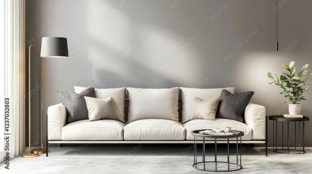 Fototapeta premium contemporary modern design living room with white couch, curvy metal table and lamp 3d render illustration