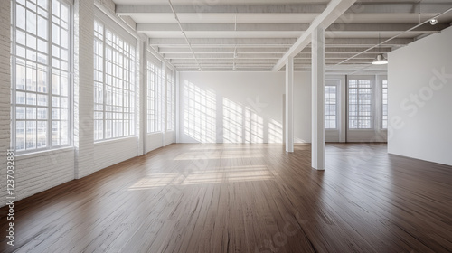 Wallpaper Mural big empty loft living room with white walls and wooden floor 3d render illustration Torontodigital.ca