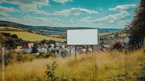 Blank Billboard Overlooking Rural Village Landscape