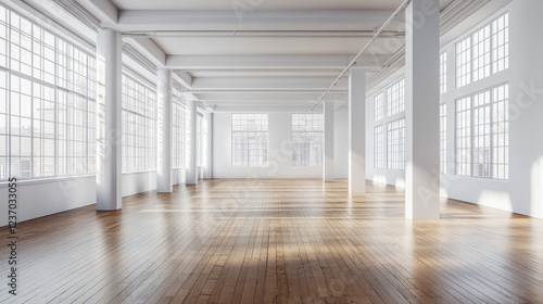 big empty loft living room with white walls and wooden floor 3d render illustration photo