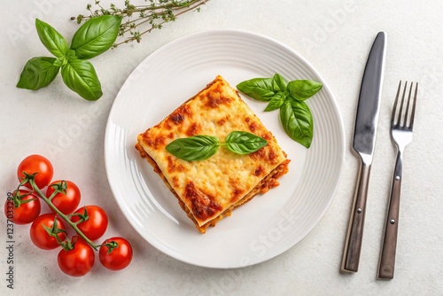 Freshly Baked Lasagna with Basil Garnish photo