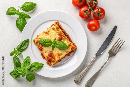 Freshly Baked Lasagna with Basil Garnish photo