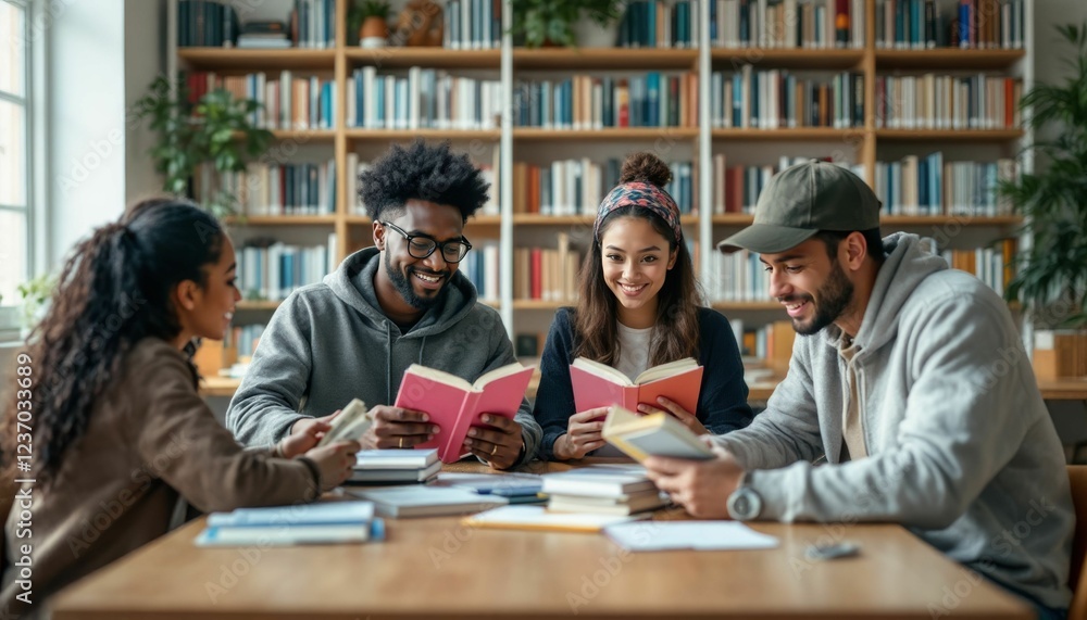 Four Diverse Students Enjoying a Study Session in a Vibrant Library Setting Four Diverse Students Enjoying a Study Session in a Vibrant Library Setting