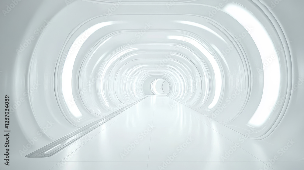 Fototapeta premium Abstract White Lit Arched Corridors in a Minimalistic Tunnel Shot During the Day 360 panorama vr environment map. 3D Illustration