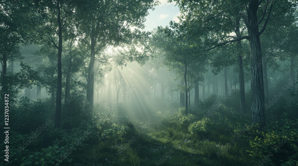Fototapeta premium Green meadow forest Scene Captured at Dusk With Lush Trees and Gentle Mist 360 panorama vr environment map. 3D Illustration