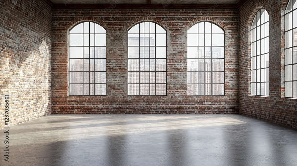 Empty room with brick wall and large windows 3d render illustration. 3D Illustration Empty room with brick wall and large windows 3d render illustration. 3D Illustration