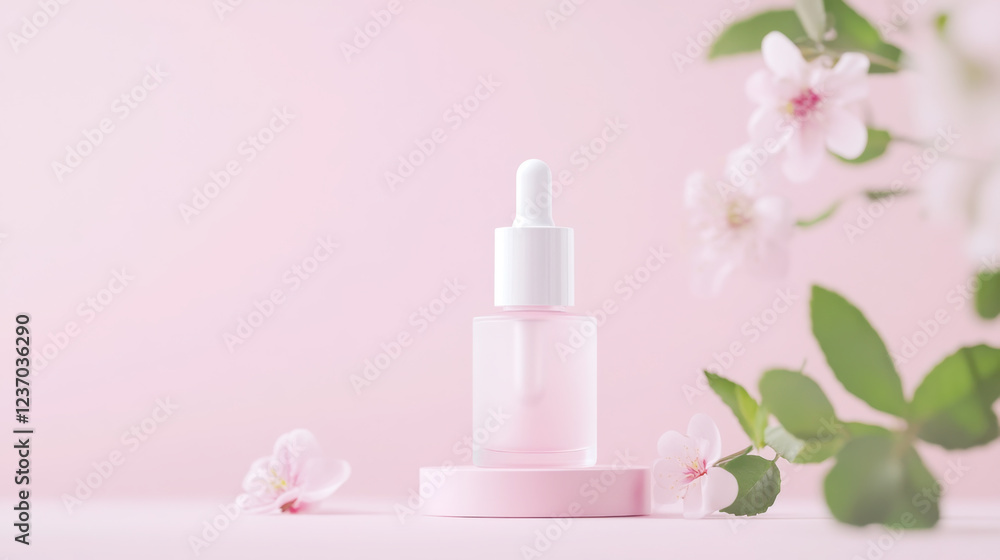Skincare beauty routine with essence and dropper on a soft pink background Skincare beauty routine with essence and dropper on a soft pink background