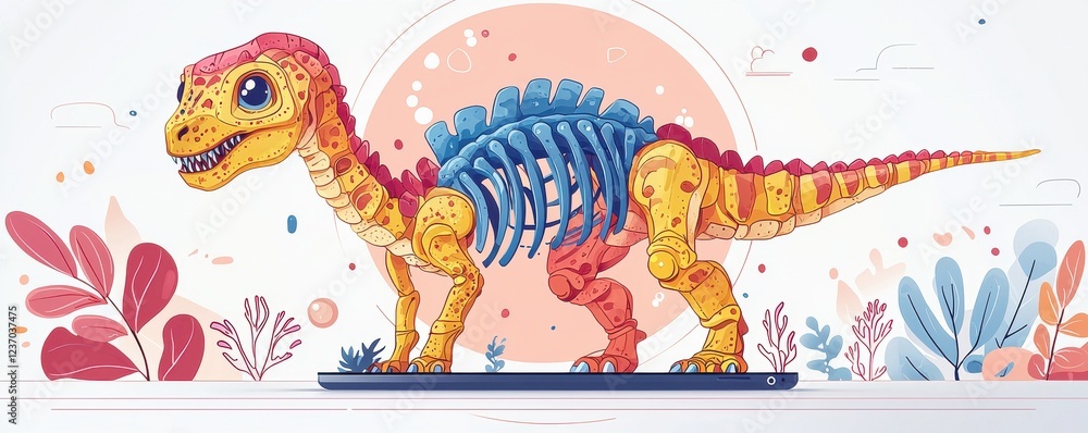 Fototapeta premium Creative illustration of a dinosaur skeleton on a digital platform with nature