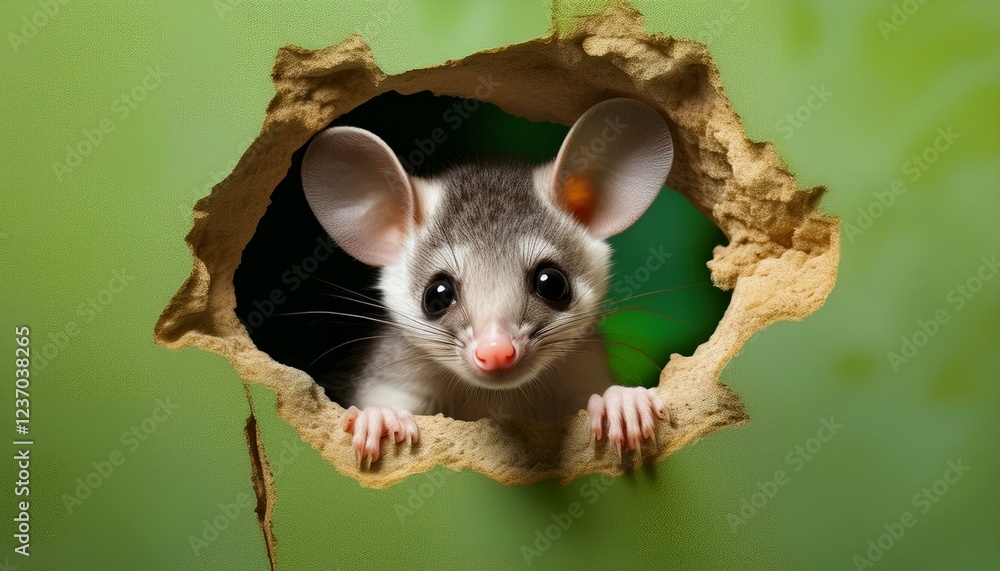 Niedliches Opossum, grüner Hintergrund Niedliches Opossum, grüner Hintergrund