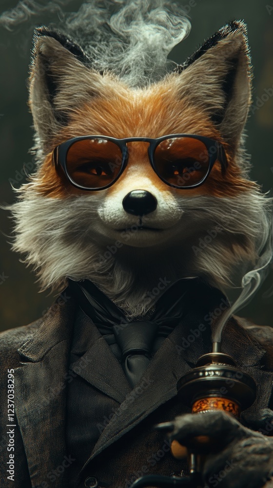 Obraz premium Stylish fox smoking pipe with sunglasses
