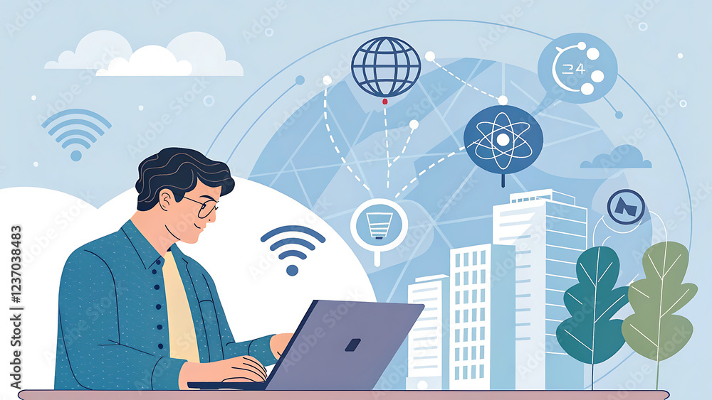 Digital technology and IoT, modern computer surfing internet. business, computer, businessman, internet, technology, laptop, communication, icon, illustration, people, network, concept, office. Digital technology and IoT, modern computer surfing internet. business, computer, businessman, internet, technology, laptop, communication, icon, illustration, people, network, concept, office.