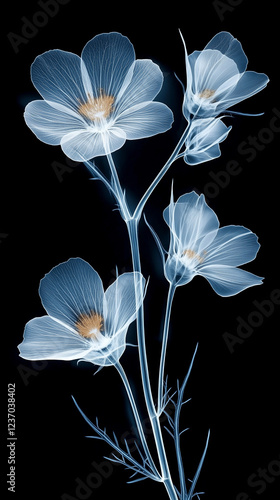 X-ray of blue wildflowers on a black background 