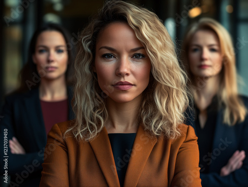 Wallpaper Mural A determined and confident businesswoman stands in the foreground with her two colleagues behind her, representing leadership and empowerment. Torontodigital.ca