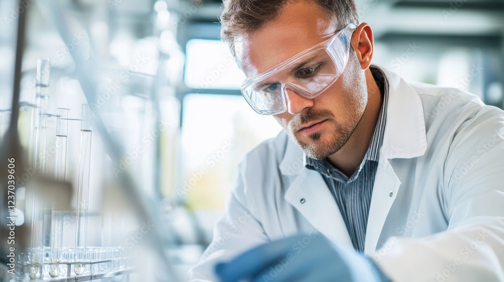 An engineer in a lab coat and safety goggles conducting experiments on renewable energy sources in a state-of-the-art research laboratory, Renewable energy research lab scene An engineer in a lab coat and safety goggles conducting experiments on renewable energy sources in a state-of-the-art research laboratory, Renewable energy research lab scene