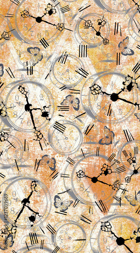 A seamless pattern featuring vintage clocks silhouettes and grunge textures