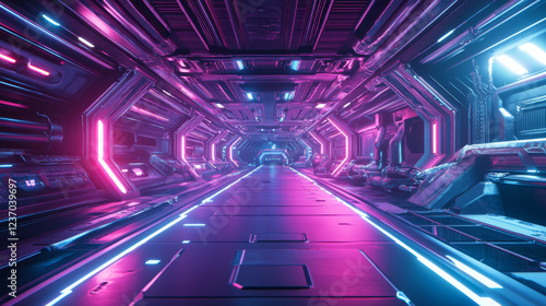 360 degree full panorama environment map of dark abstract tehcnology space station floor with neon light 3d render illustration hdri hdr vr virtual reality content. 3D Illustration photo