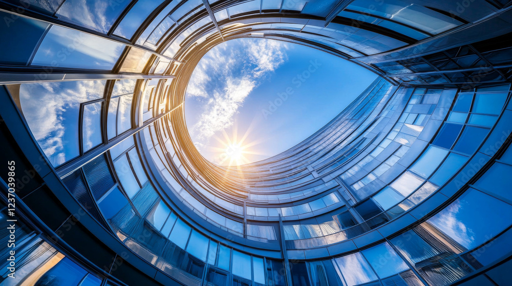 Fototapeta premium 360 degree full panorama environment map of sphere geometric shape futuristic architecture building interior with sky and sun 3d render illustration hdri hdr vr virtual reality. 3D Illustration