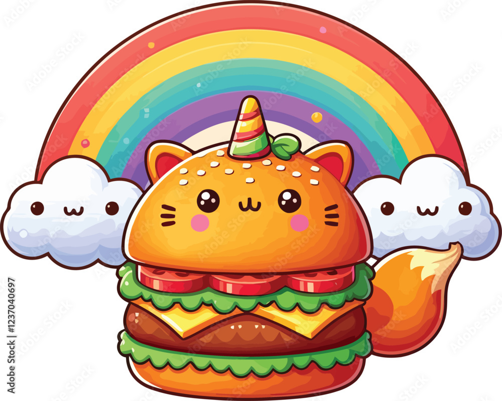 Fantasy Unicorn Burger on a Playful Rainbow Background Fantasy Unicorn Burger on a Playful Rainbow Background