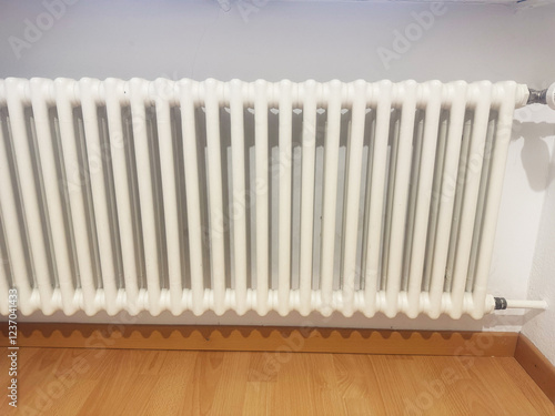 Wallpaper Mural White Cast Iron Radiator for Central Heating Under a Window. High quality photo A classic white cast iron radiator connected to a central heating system, installed under a window for optimal heat Torontodigital.ca
