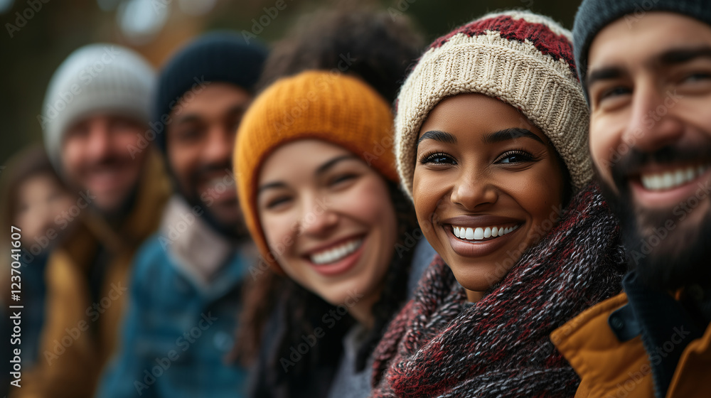 Smiling group of friends wearing winter outfits Smiling group of friends wearing winter outfits