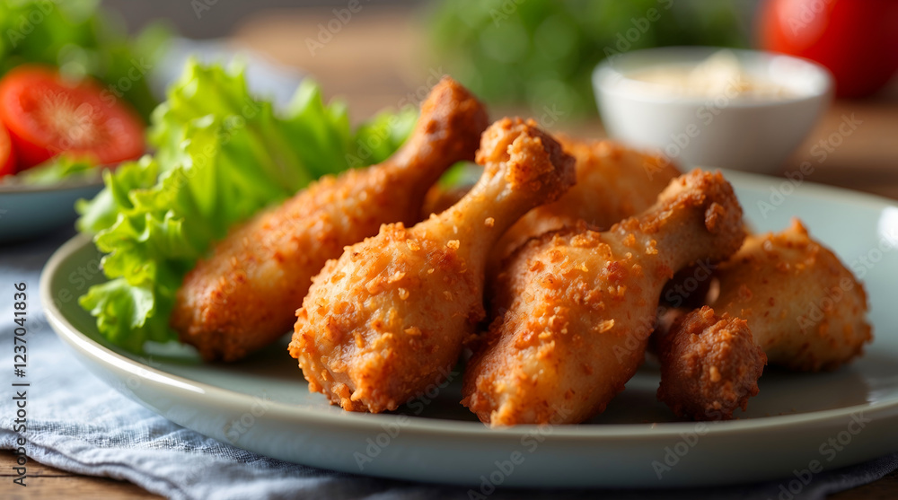 Delicious crispy fried chicken drumsticks on a plate with garnish, perfect for comfort food lovers and homemade meals Delicious crispy fried chicken drumsticks on a plate with garnish, perfect for comfort food lovers and homemade meals