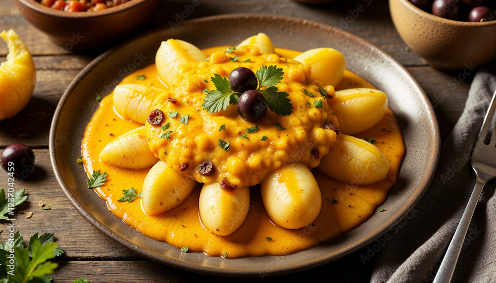 Papa a la huancaína with elegant presentation, sophisticated mood, on minimalist background