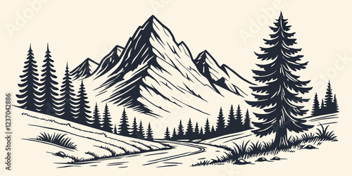 hand drawn mountain design. illustration of mountains and pine trees.