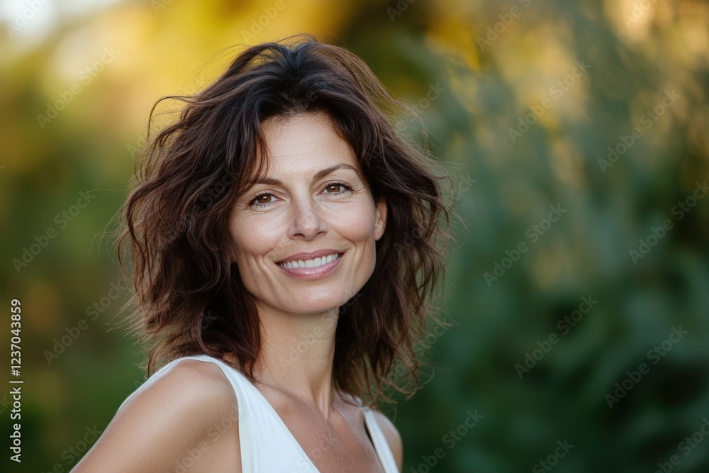 Smiling Woman with Wavy Hair Enjoying a Sunny Day Outdoors. Generative AI. Smiling Woman with Wavy Hair Enjoying a Sunny Day Outdoors. Generative AI.