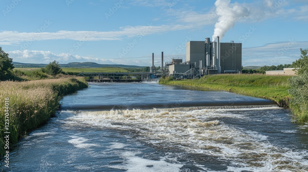 Obraz premium Industrial Plant Beside a River with a Small Waterfall