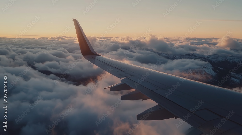 Obraz premium Beautiful sunset view from airplane wing soaring above fluffy clouds in clear sky