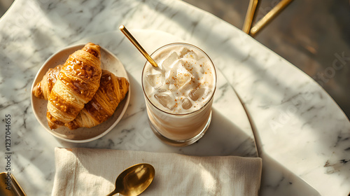 A delightful breakfast scene featuring iced coffee and flaky croissants, bathed in sunlight.