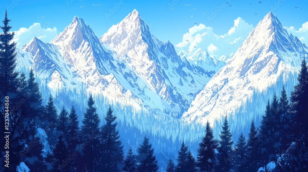 Majestic snow capped mountains rise above a dense pine forest Majestic snow capped mountains rise above a dense pine forest