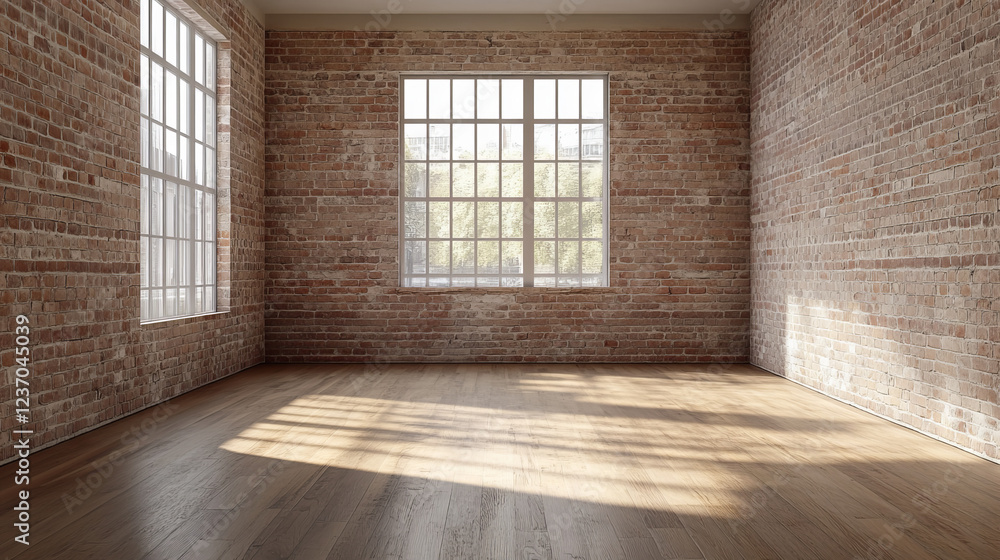 An empty room with brick wall and wooden floor 3d render illustration. 3D Illustration An empty room with brick wall and wooden floor 3d render illustration. 3D Illustration