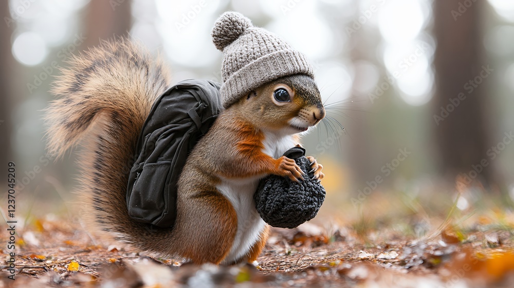 Fototapeta premium Adventurous Squirrel: Backpack, Hat, and Autumnal Forest Scene