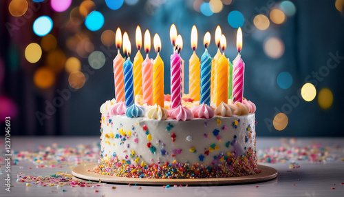 a colourful birthday cake with lit candles and confetti on a light heritage