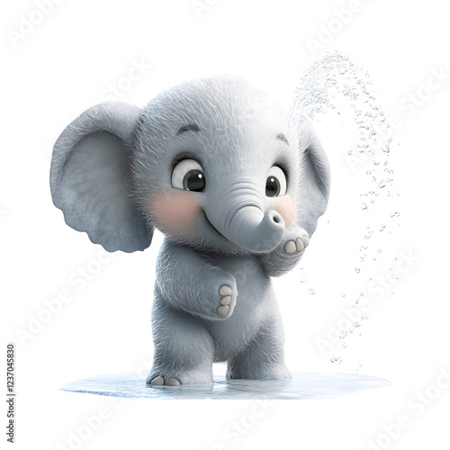 Fluffy 3D Cartoon Baby Elephant Standing on Puddle Isolated on Transparent Background