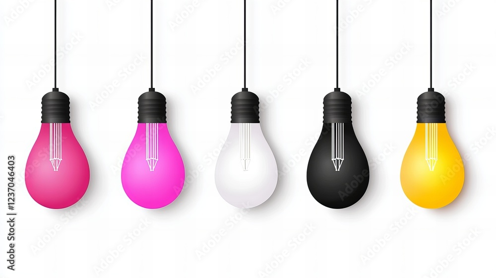 Naklejka premium Five hanging lightbulbs in pink, fuchsia, white, black, and yellow. Each bulb features a pencil icon inside.