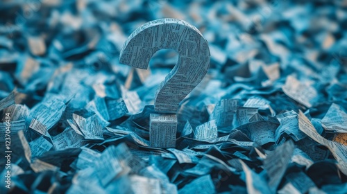 This artistic piece features a large question mark constructed from paper, surrounded by a chaotic array of shredded paper, symbolizing curiosity and inquiry.