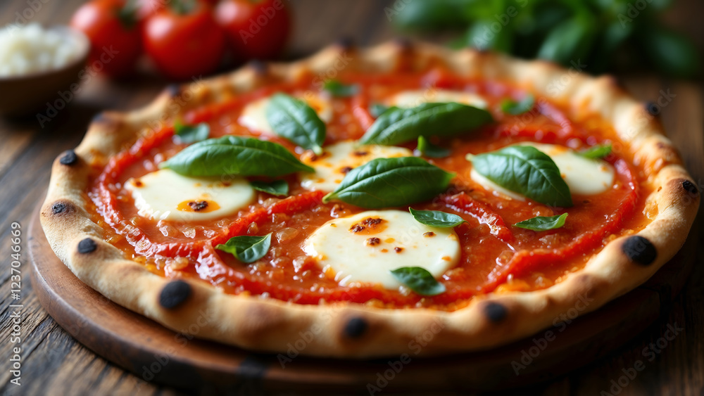 Freshly baked Margherita pizza with golden crust, melted mozzarella, tomato sauce, and basil on a rustic wooden surface Freshly baked Margherita pizza with golden crust, melted mozzarella, tomato sauce, and basil on a rustic wooden surface
