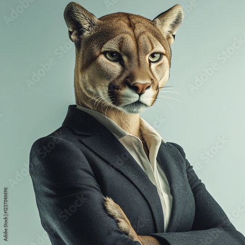 Business professional with the head of a big cat in a modern office setting exuding confidence and charisma