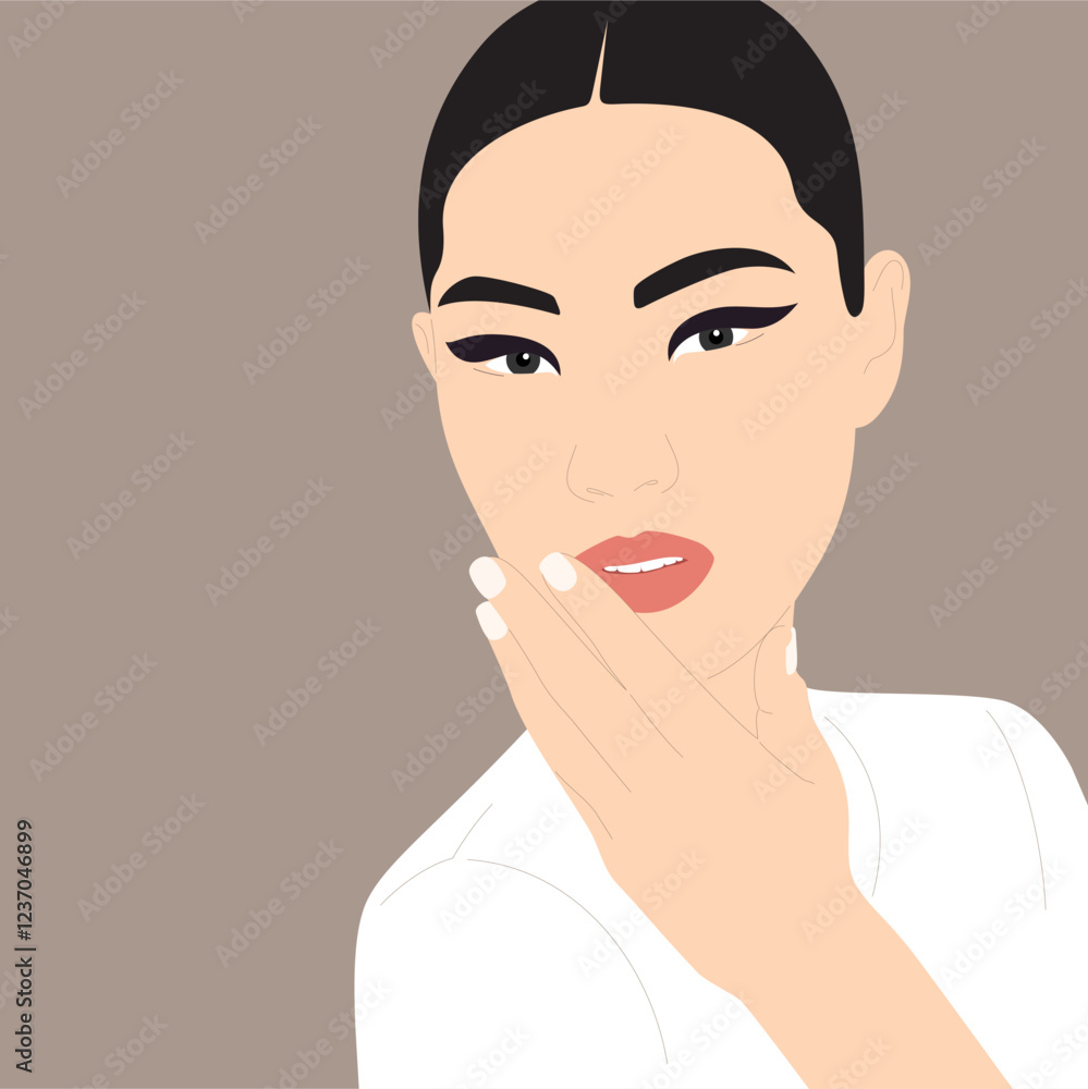 Vector portrait of a pretty young brunette asian woman with stylish make-up. Fashion model. Vector illustration. Vector portrait of a pretty young brunette asian woman with stylish make-up. Fashion model. Vector illustration.