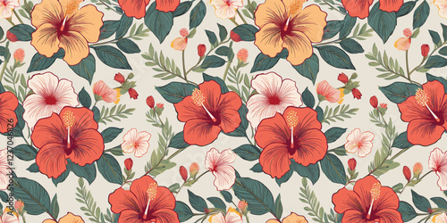 A repeating pattern of hand-drawn tulips in muted yellow, orange, and white, with green leaves on a light background.