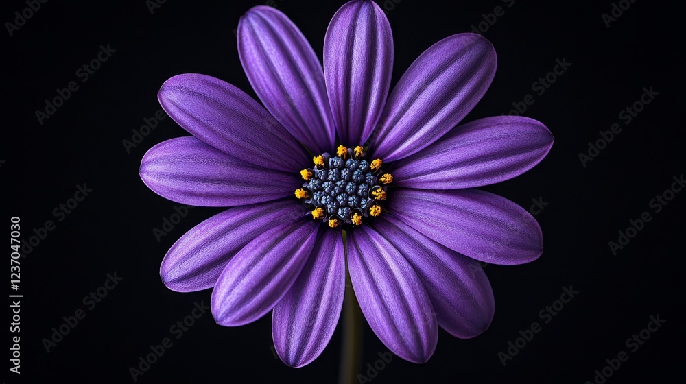 Obraz premium A stunning close-up of a purple flower set against a contrasting black background, emphasizing its vibrant color and intricate details in a striking floral composition.