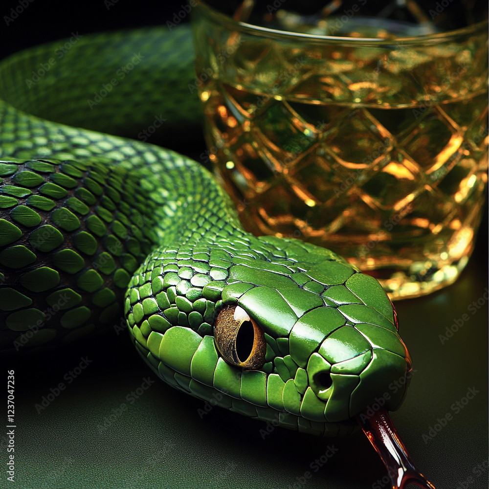 Fototapeta premium Green snake resting beside a glass of amber liquid in a dimly lit environment
