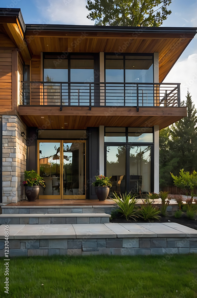 Fototapeta premium Modern Architectural Home Design: Luxury Exterior with Stone and Wood