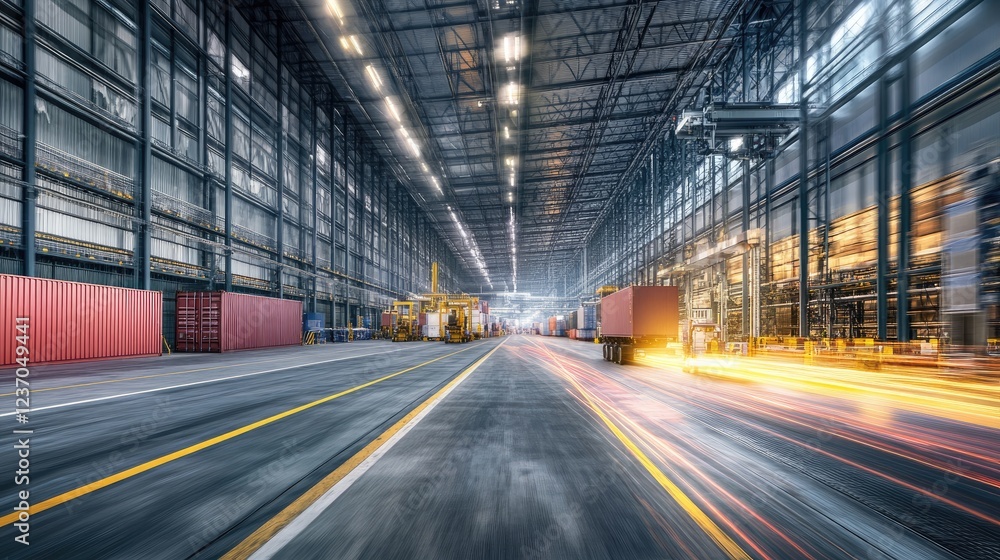 Industrial Warehouse Showing Containers And Fast Moving Trucks Industrial Warehouse Showing Containers And Fast Moving Trucks