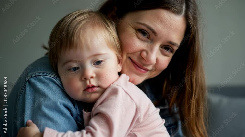 Tender moments of mother embracing baby with Down syndrome, heartwarming expressions and gentle joy Tender moments of mother embracing baby with Down syndrome, heartwarming expressions and gentle joy